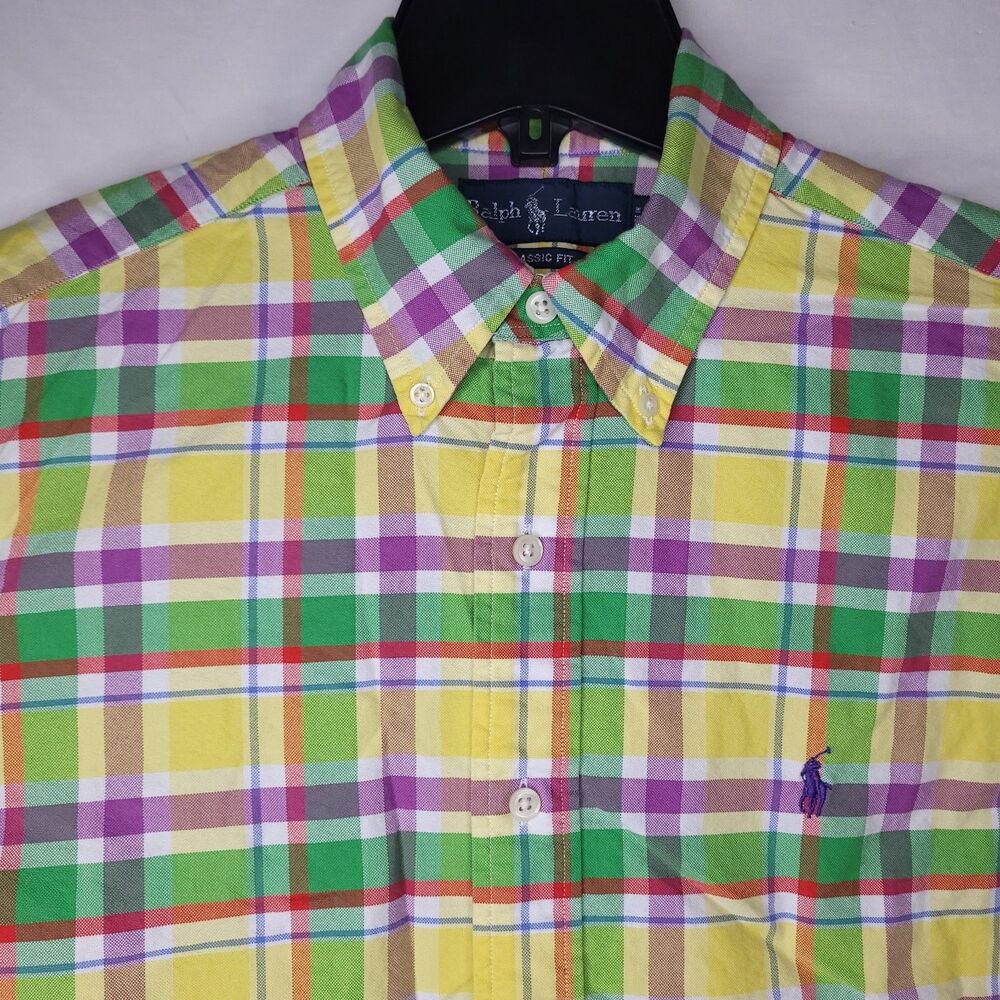 Ralph Lauren Shirt Mens Medium Plaid Yellow, Green, Purple Pony Classic Fit